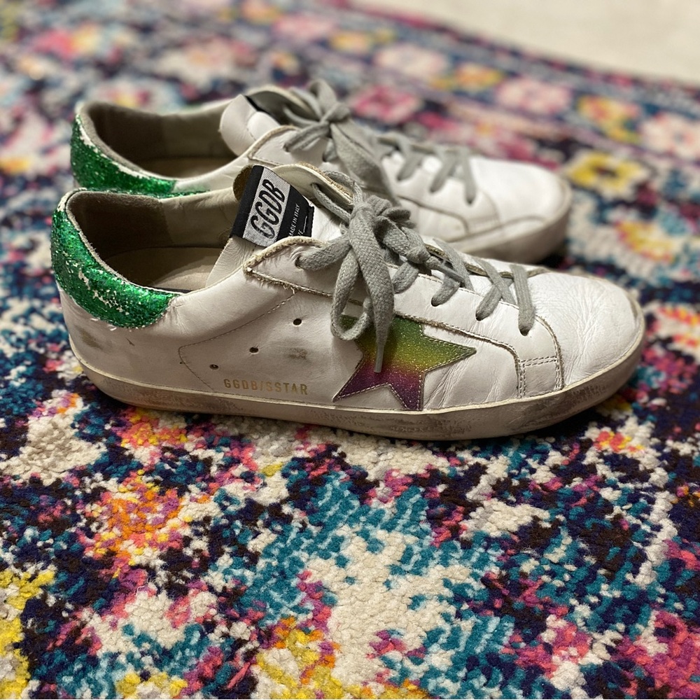Golden Goose White Sneakers with Green and Purple Accents